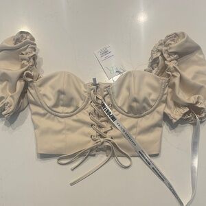 Mistress Rocks Cream Lace-Up Puff Sleeve Blouse